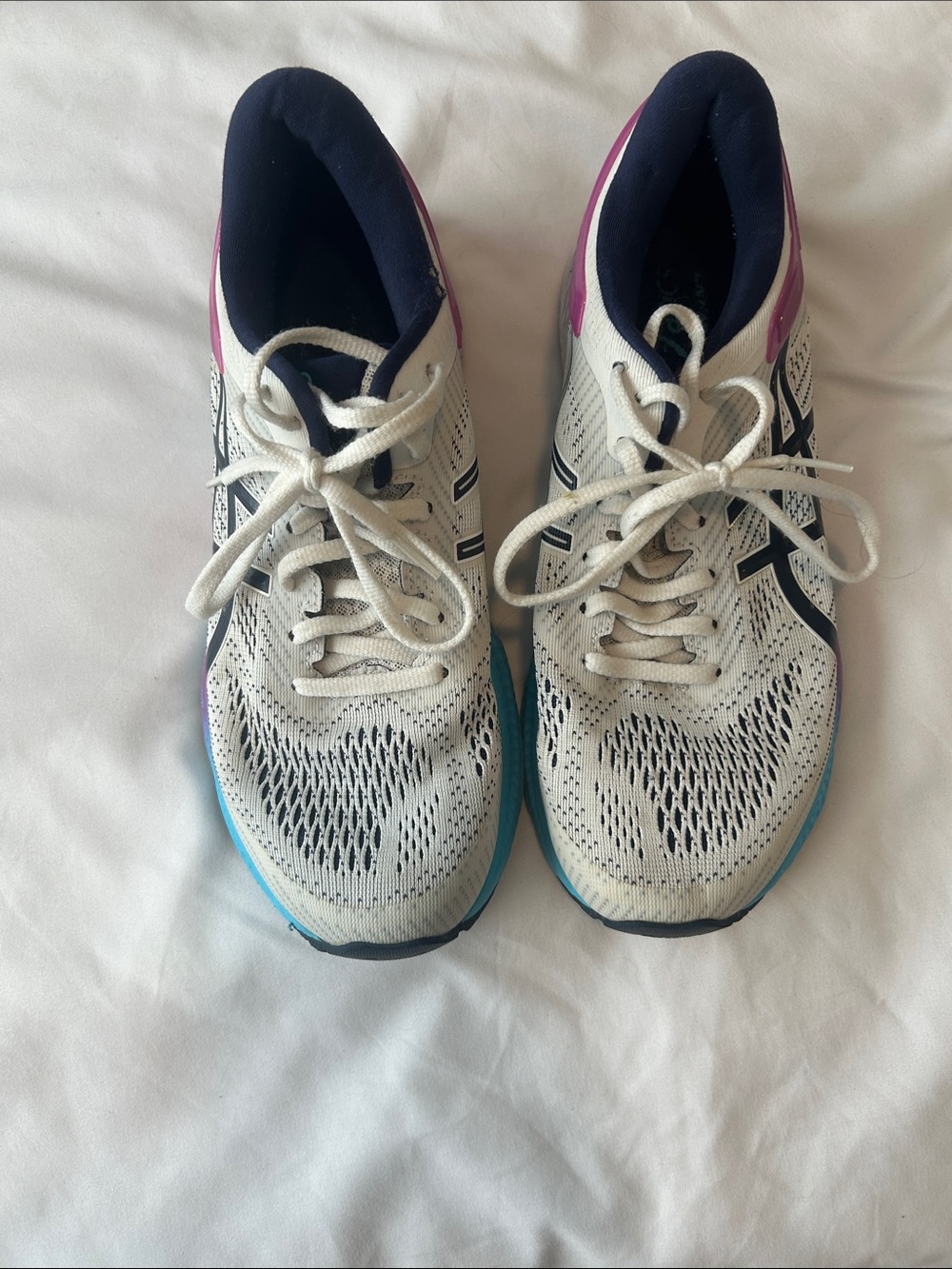 Asics Women's Running Sneakers in White with Navy, Pink & Teal Accents